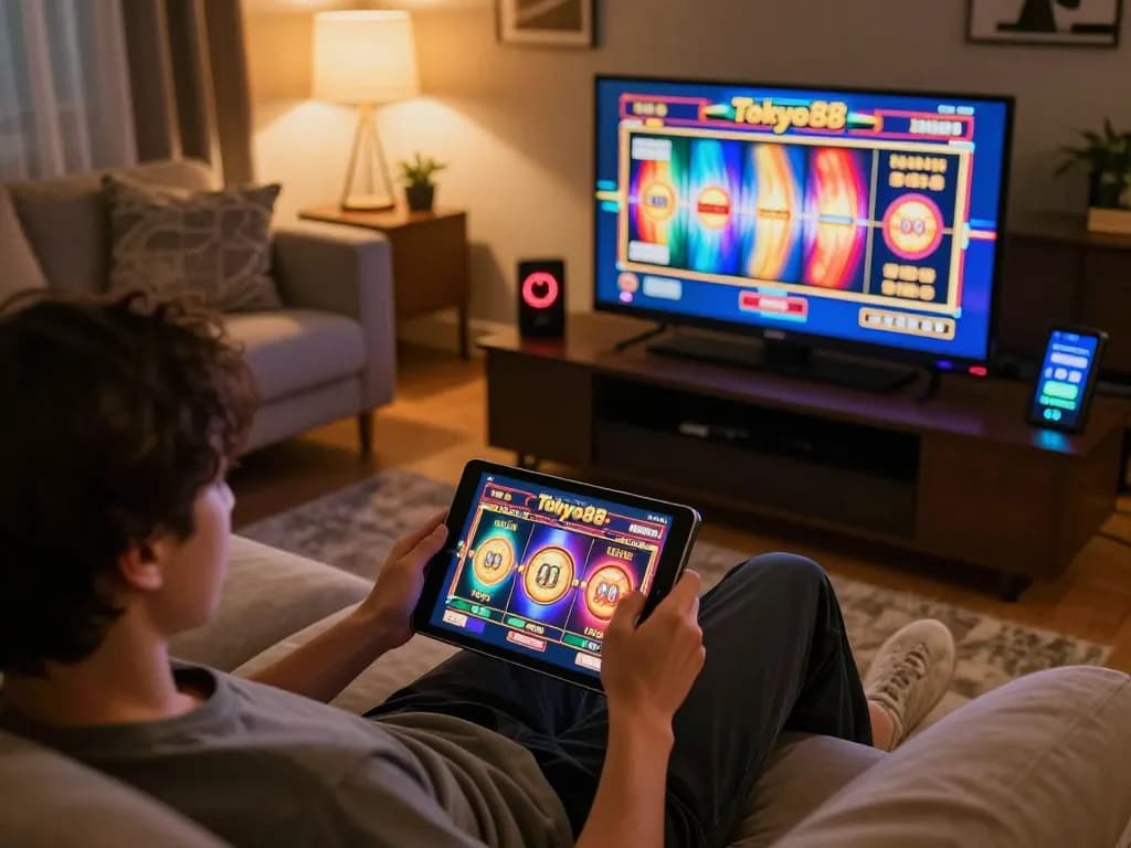 Pemain terlibat dengan slot online tokyo88 di tablet, menikmati sesi permainan strategis di ruang tamu yang nyaman.