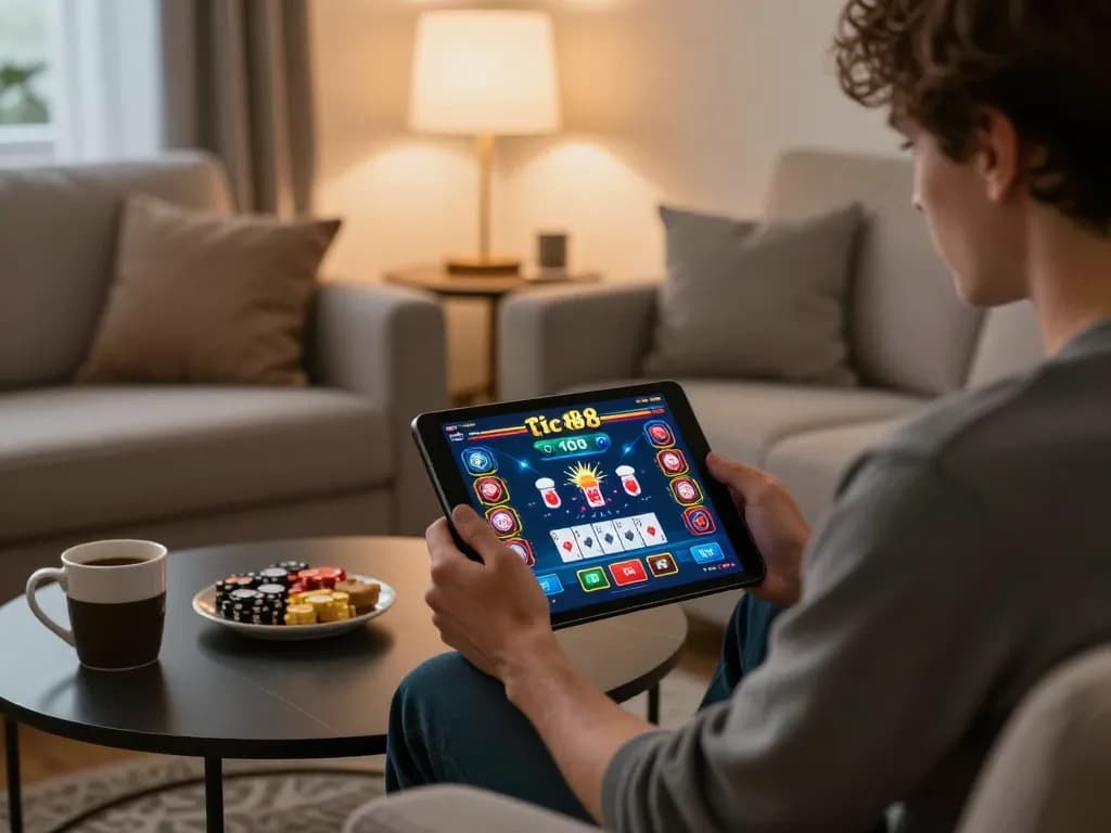 Tic 88 online gaming session in a cozy living room, showcasing tablet and betting options.