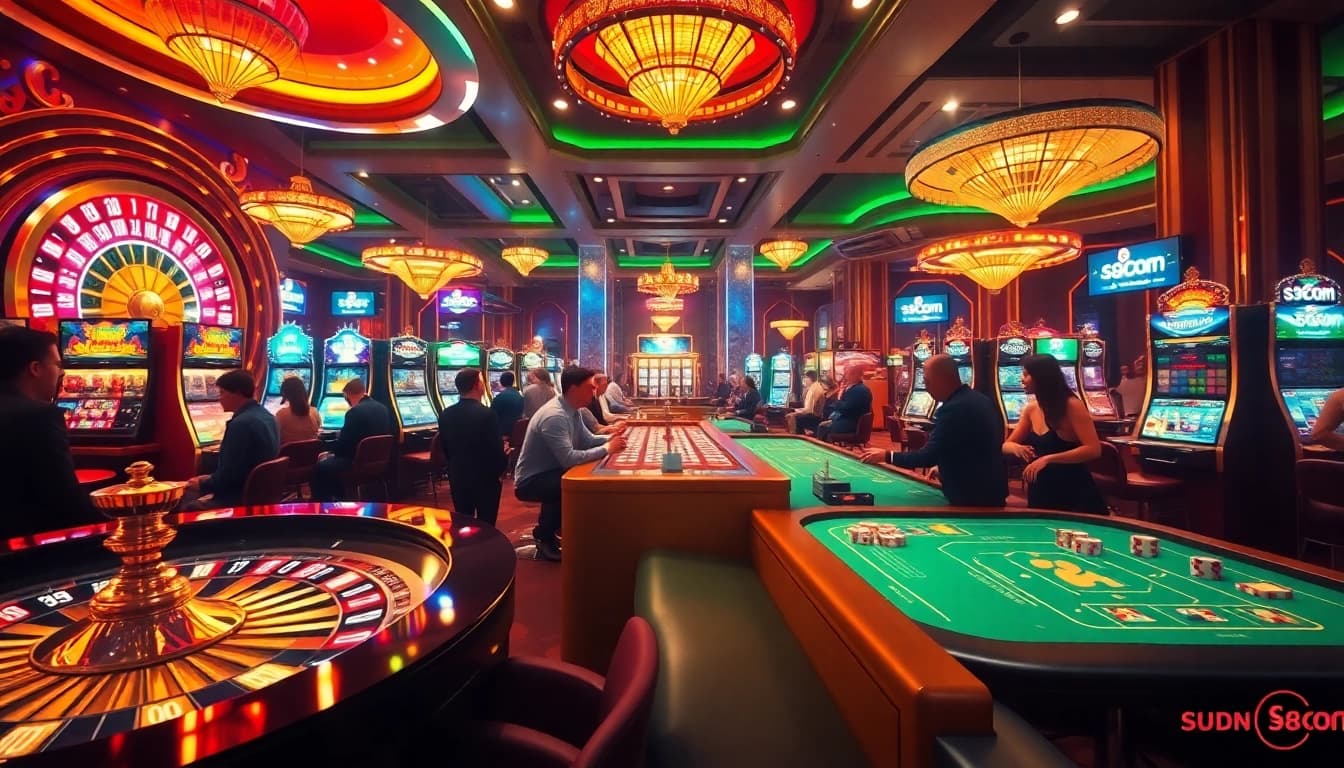 S8com players enjoying vibrant casino games with roulette and slot machines.