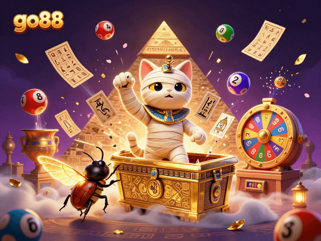 Experience the excitement of go88 with a vibrant casino scene featuring a mummy cat, scarab beetle, floating cards, and energetic game elements.