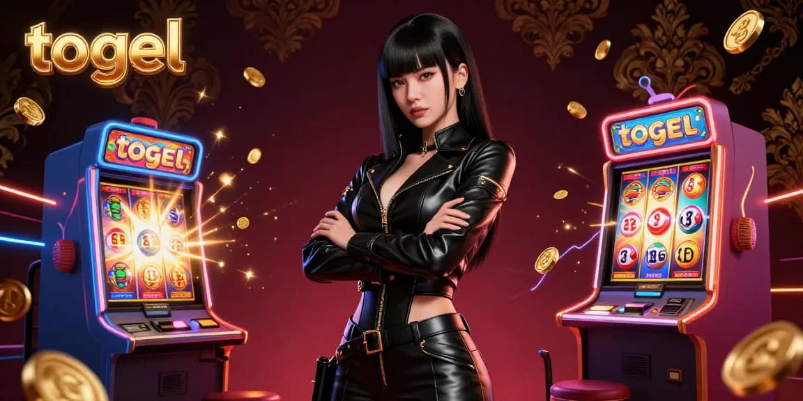 Togel gameplay illustration featuring a stunning Asian woman surrounded by slot machines and lottery elements, capturing rich casino excitement.