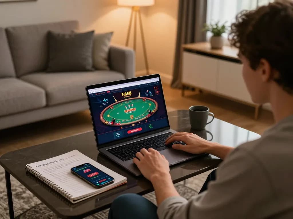 Engaging with Fafa 828 online casino, exploring strategic gameplay in a stylish home environment.