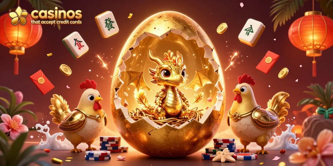Experience thrilling gameplay at casinos that accept credit cards, featuring a baby dragon atop poker chips and festive casino elements.