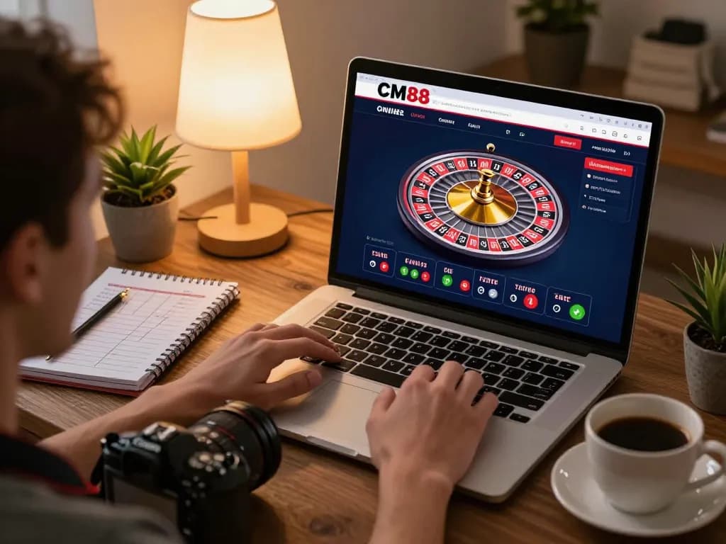 Player engaging with CM88's online casino platform on a laptop, showcasing excitement and strategic betting