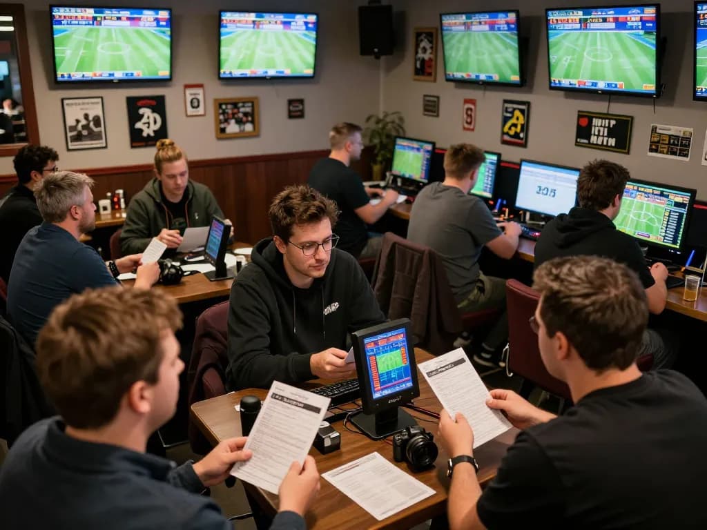 Excited bettors engaging in sports betting at hz88, analyzing odds and cheering during live matches.