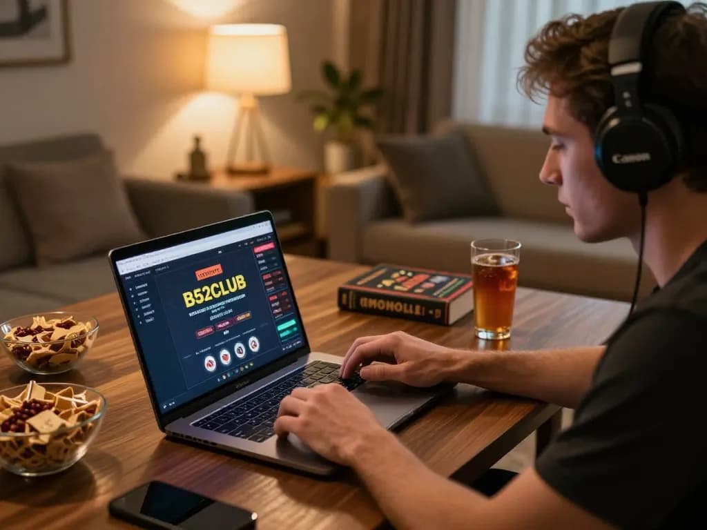 B52club player strategizing in a cozy setting with laptop and gambling notes