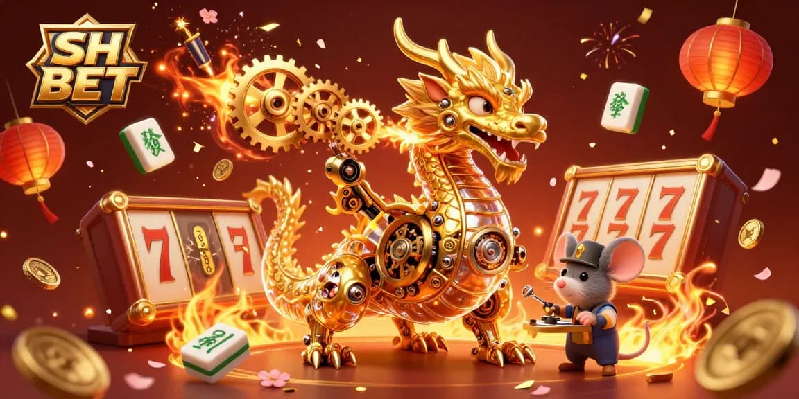SH BET features a golden dragon amid vibrant casino elements, showcasing dynamic gaming action.