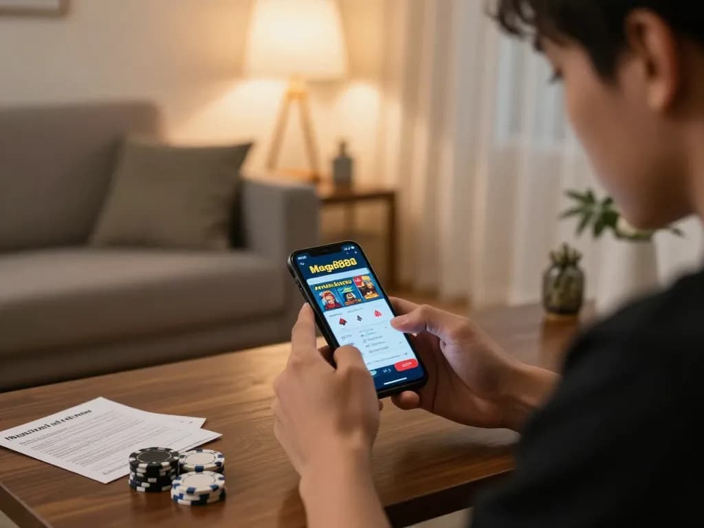 Terlibat dalam permainan dengan muat turun mega888 di telefon pintar dalam suasana rumah yang selesa.