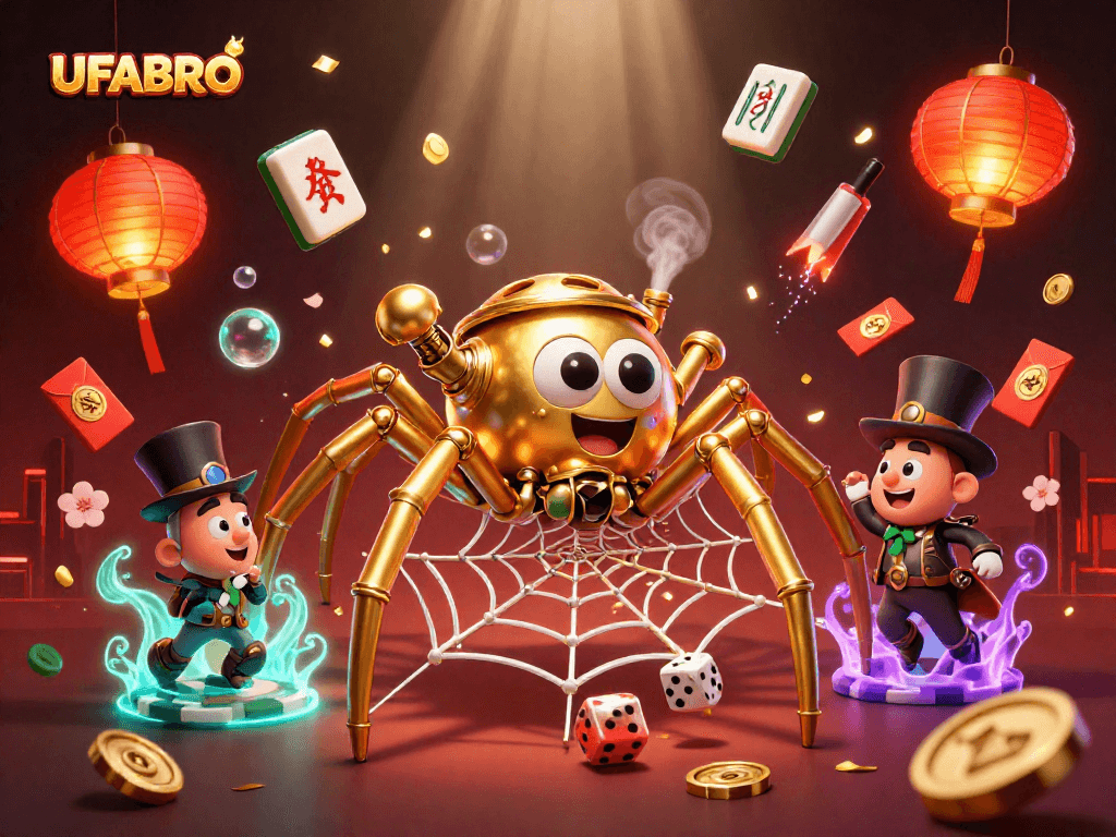 Engage with UFABRO's thrilling gambling experience featuring a steampunk spider and lucky elements.