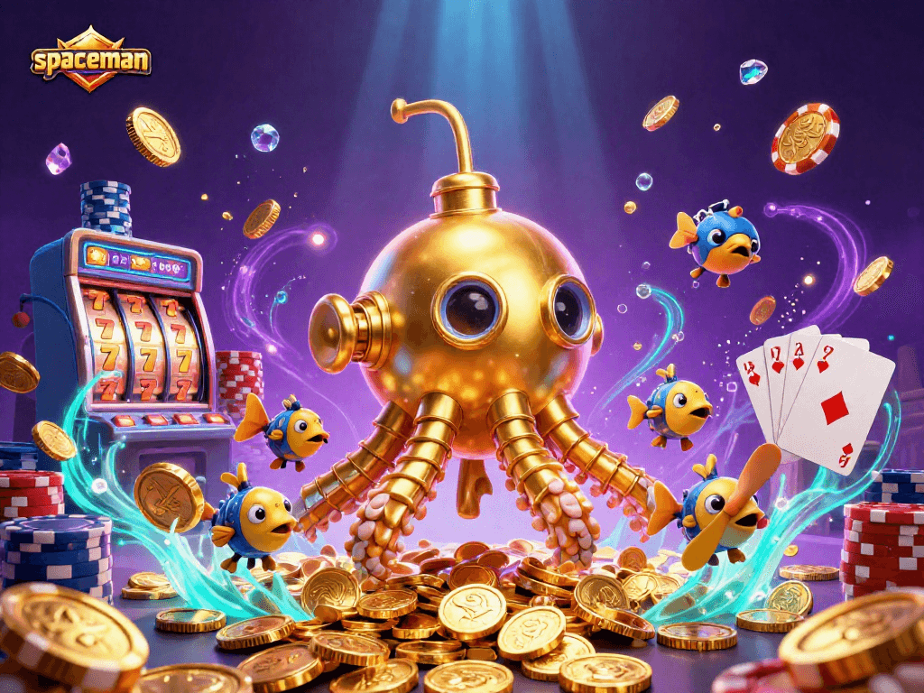 Experience the thrilling spaceman jackpot action in a dynamic underwater casino scene filled with golden coins and slot reels.