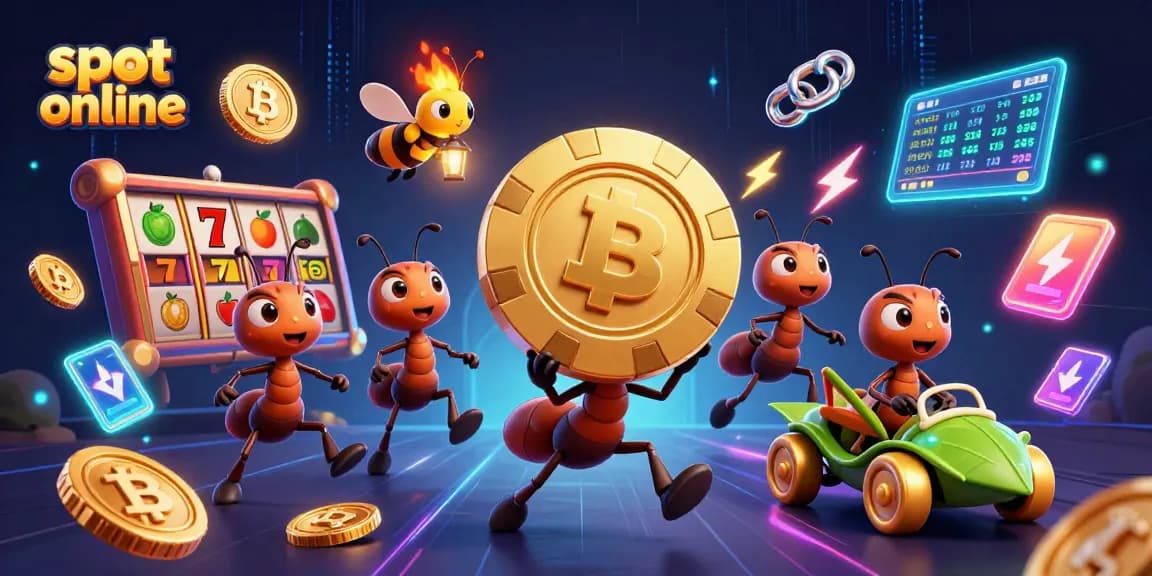 Slot online dengan tim semut mengangkut chip poker emas di dalam terowongan, penuh simbol dan koin menarik.