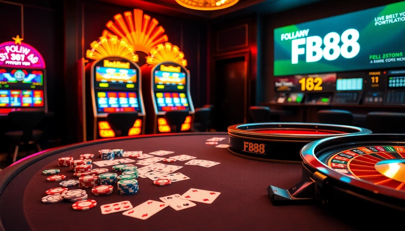 Engaging casino atmosphere at FB88 with poker chips and roulette wheel.