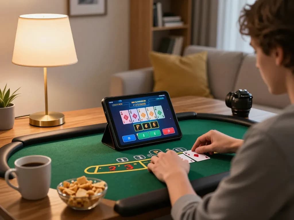 Play blackjack on RR88 tablet as player enjoys comfortable home atmosphere.