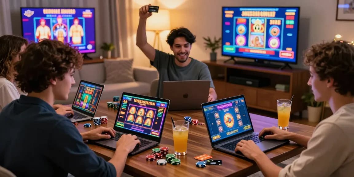 Players enjoying online credit card casinos with excitement and gaming variety in a lively living room atmosphere.