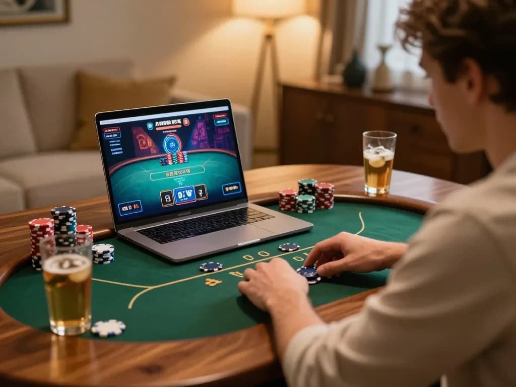 Engage in thrilling online poker action with 98win as players strategize in a cozy home setup.