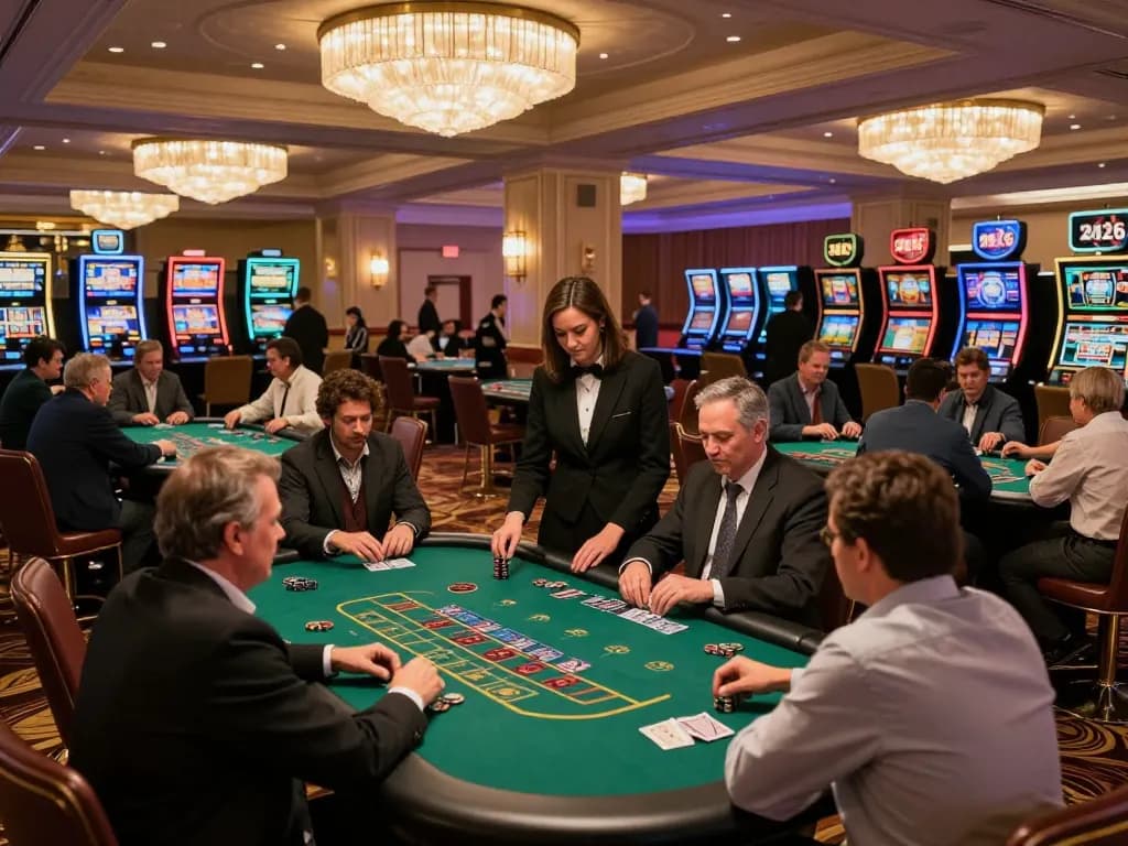 Players enjoying blackjack at open888 casino floor, vibrant atmosphere and engaging gameplay
