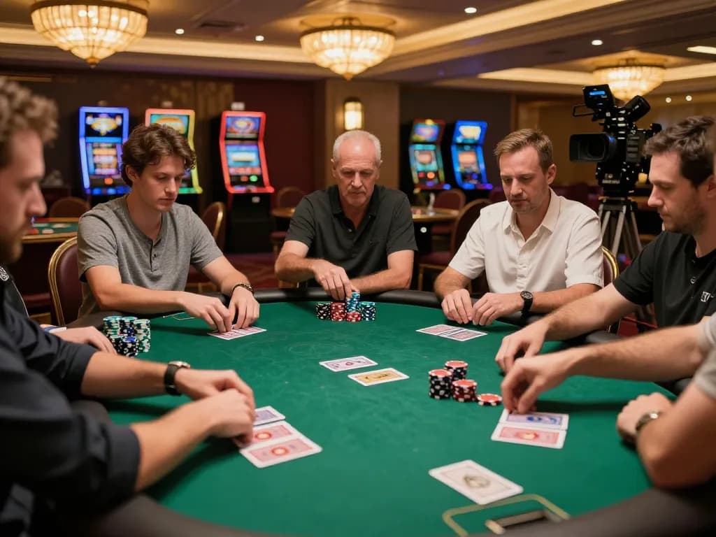 Players engaged in a thrilling poker game at maxpoker88 casino with vibrant tables and strategic moves.