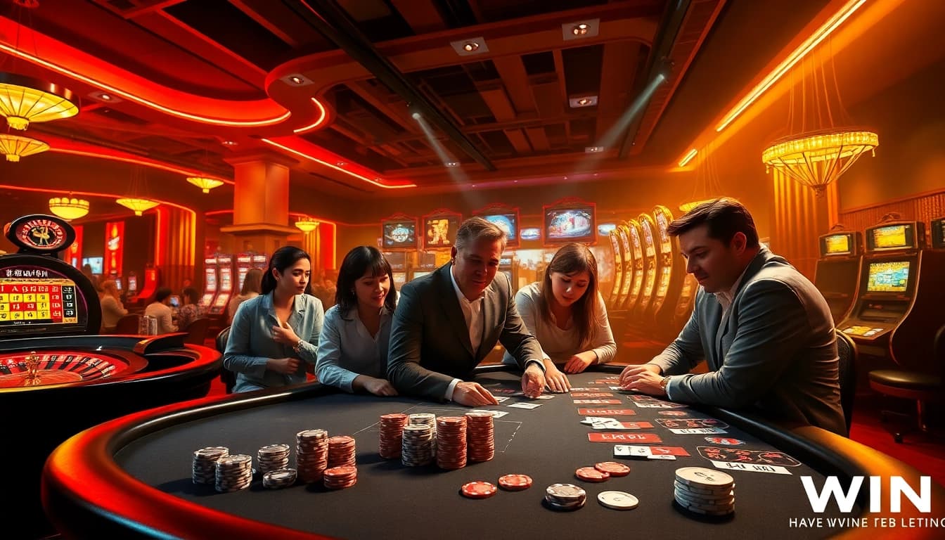 Players enjoying dynamic games at HAY.WIN casino, showcasing poker, roulette, and excitement.