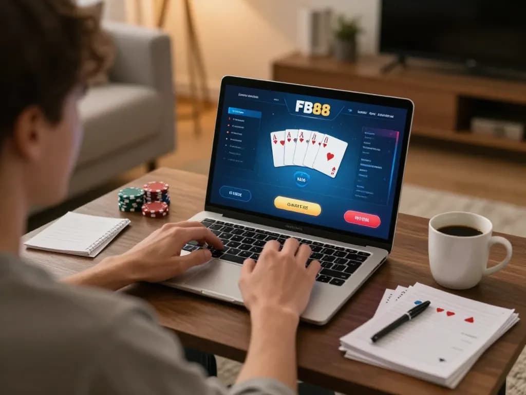 Player engaging with FB88 online poker game, showcasing strategy and focus in a modern home setting