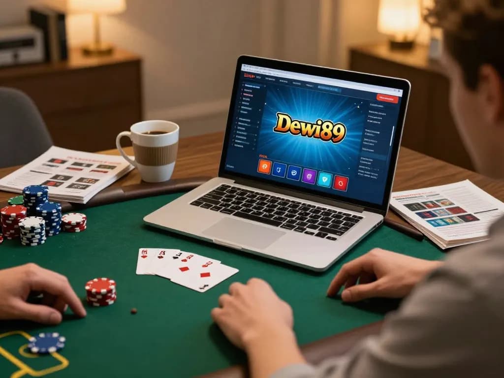 Pemain menikmati sesi poker online dengan Dewi89 ditampilkan di layar laptop, menunjukkan permainan yang bertanggung jawab.