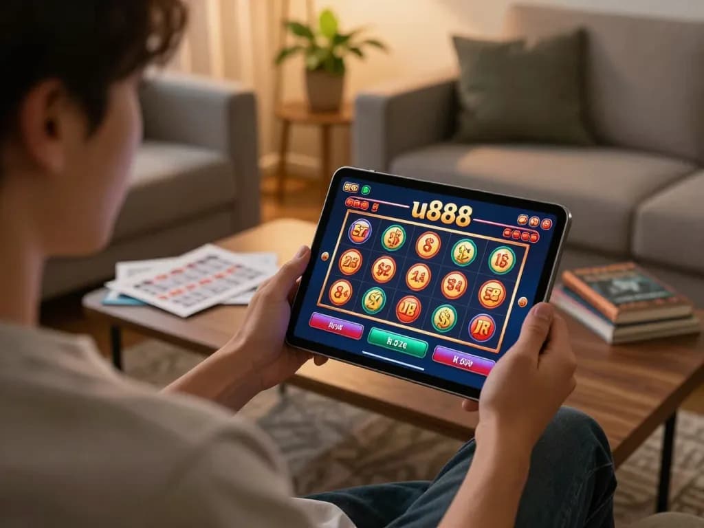 Engaging in online gambling with u888 interface in a cozy home environment, showcasing gameplay excitement.