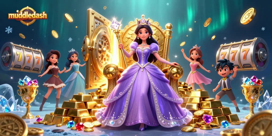 Muddledash reveals a dazzling scene of a royal Asian woman in a casino with treasure and slot reels.
