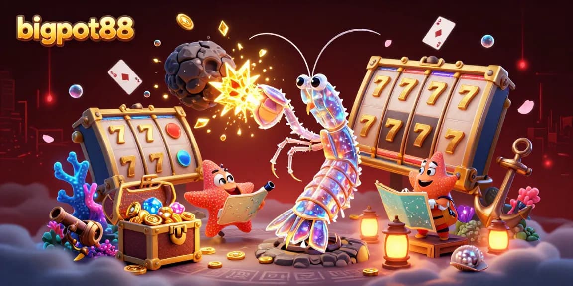 Engage with bigpot88's vibrant slot scene featuring a galactic samurai shrimp amidst coins and treasure.