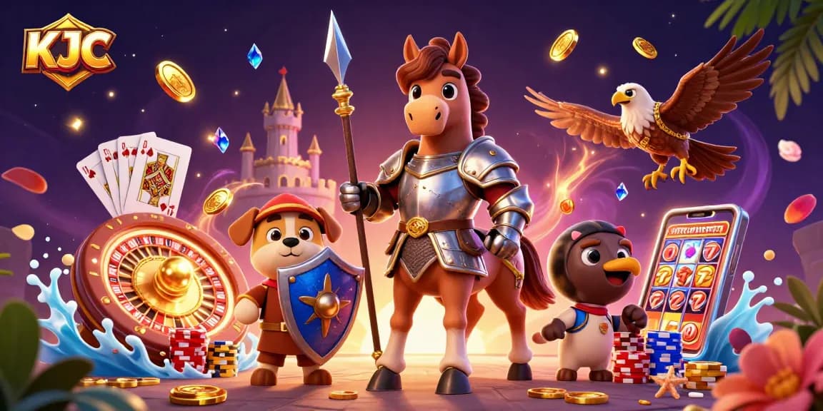 KJC promotions illustrated with a medieval knight, squire puppy, and falcon surrounded by casino elements.
