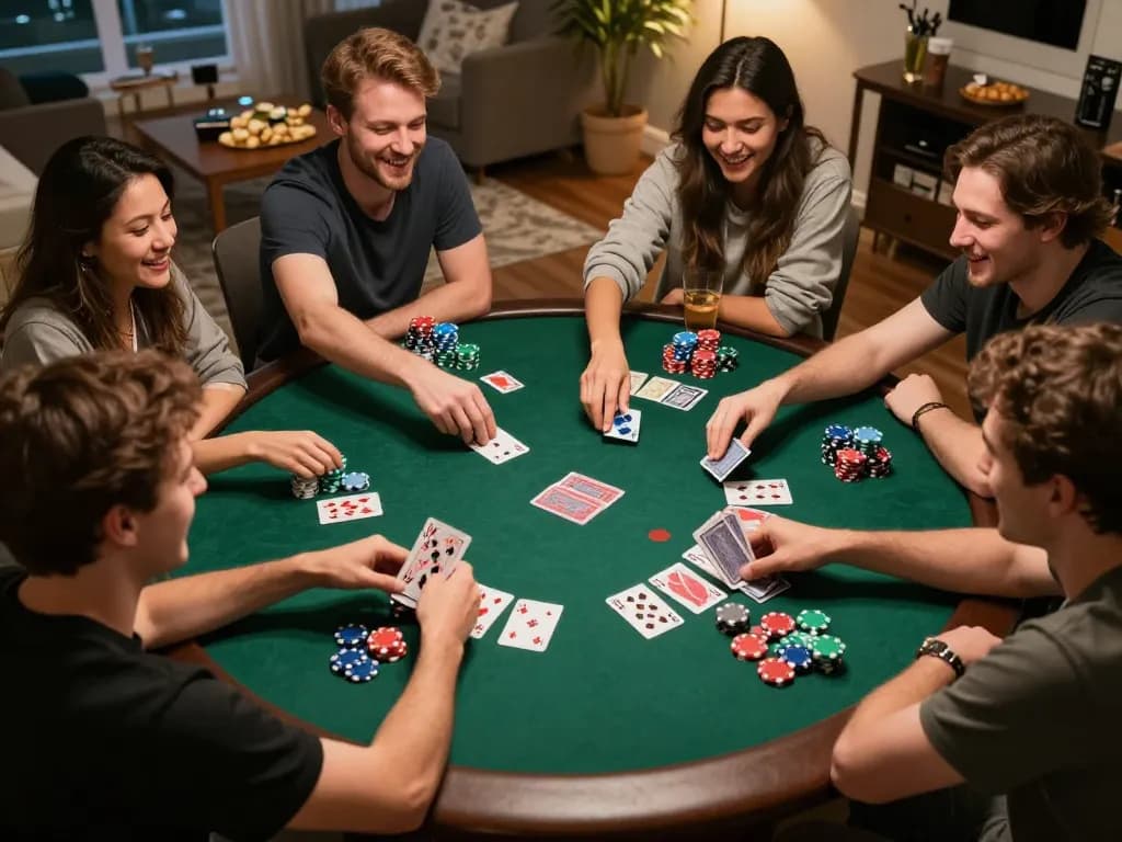Friends enjoying a strategic poker game at home with a focus on kong 88 gameplay, surrounded by chips and snacks