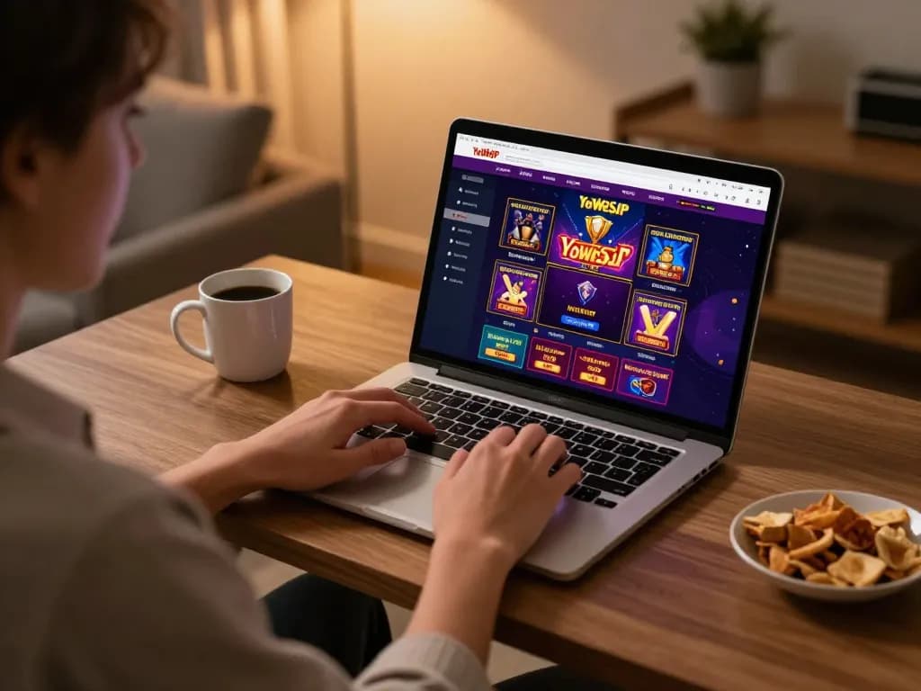 yowesjp daftar online casino interface displayed on a laptop in a cozy home setup, illustrating strategic gameplay.