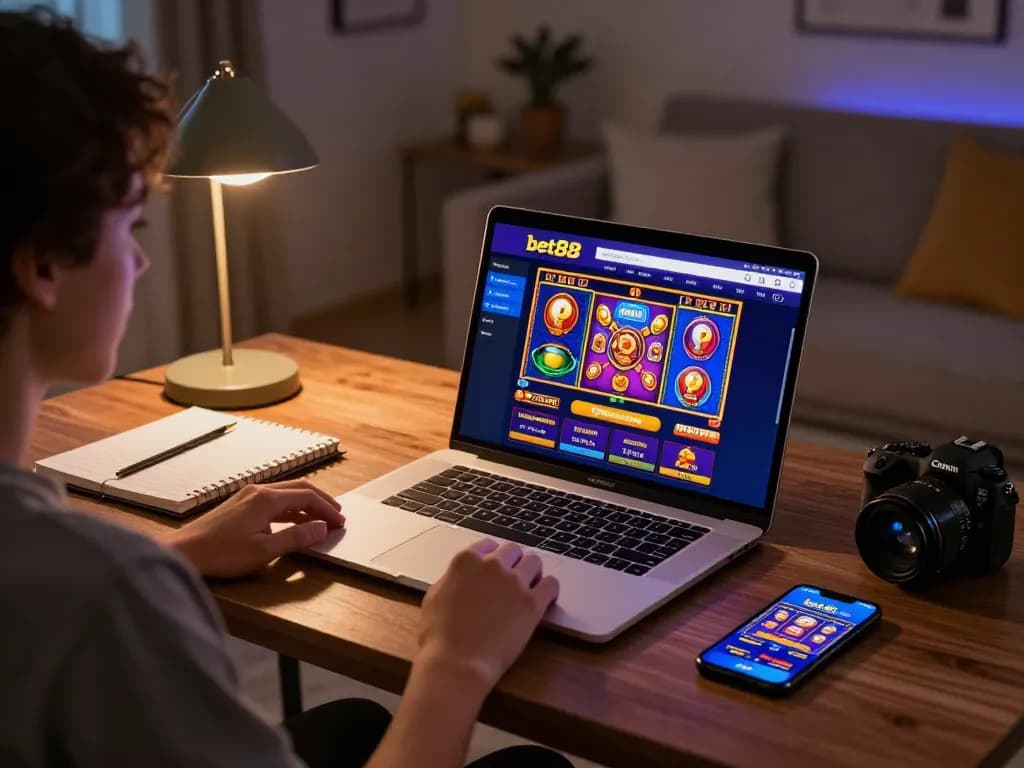 Engaging online gaming experience at bet88 with a player using a laptop in a cozy setting.
