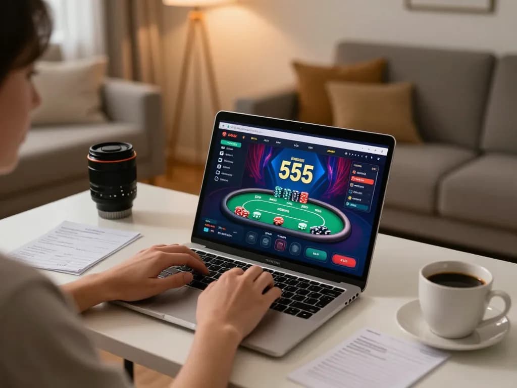Player engaging in online gaming on bl555 platform with poker tables displayed on laptop.