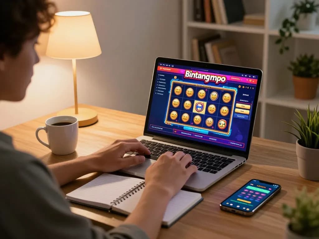 Pemain Bintangmpo merencanakan slot online dengan laptop dan catatan di rumah