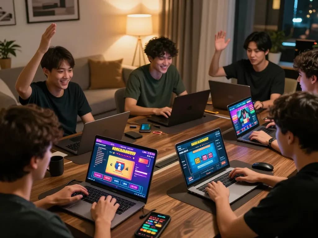 Players enjoying non gamstop games on laptops at home, showcasing interactive gaming moments.