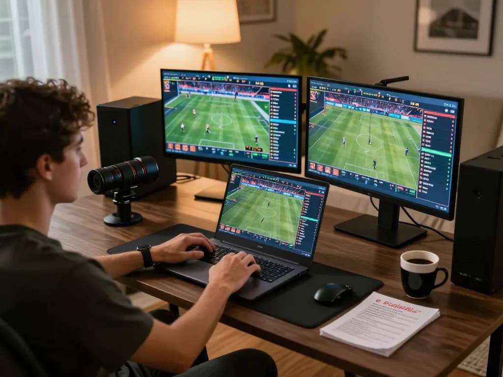 Engaging in online sports betting at home using goal123.ac with multiple screens showing live events.