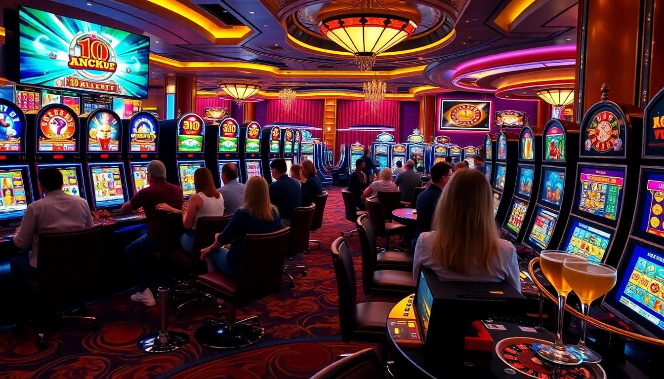 Excited players vying for slot gacor wins in a luxurious casino atmosphere.