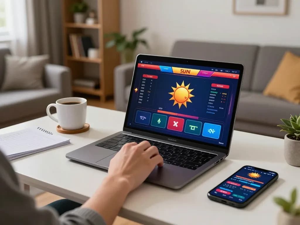 Engaging with sun win online casino interface on a laptop, showcasing a cozy gaming atmosphere
