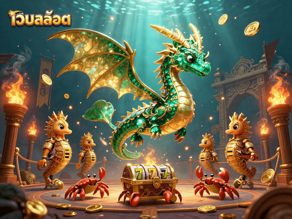 Engage with เว็บสล็อต in a vibrant underwater casino world featuring a dragon, reef treasures, and dynamic slot game elements.