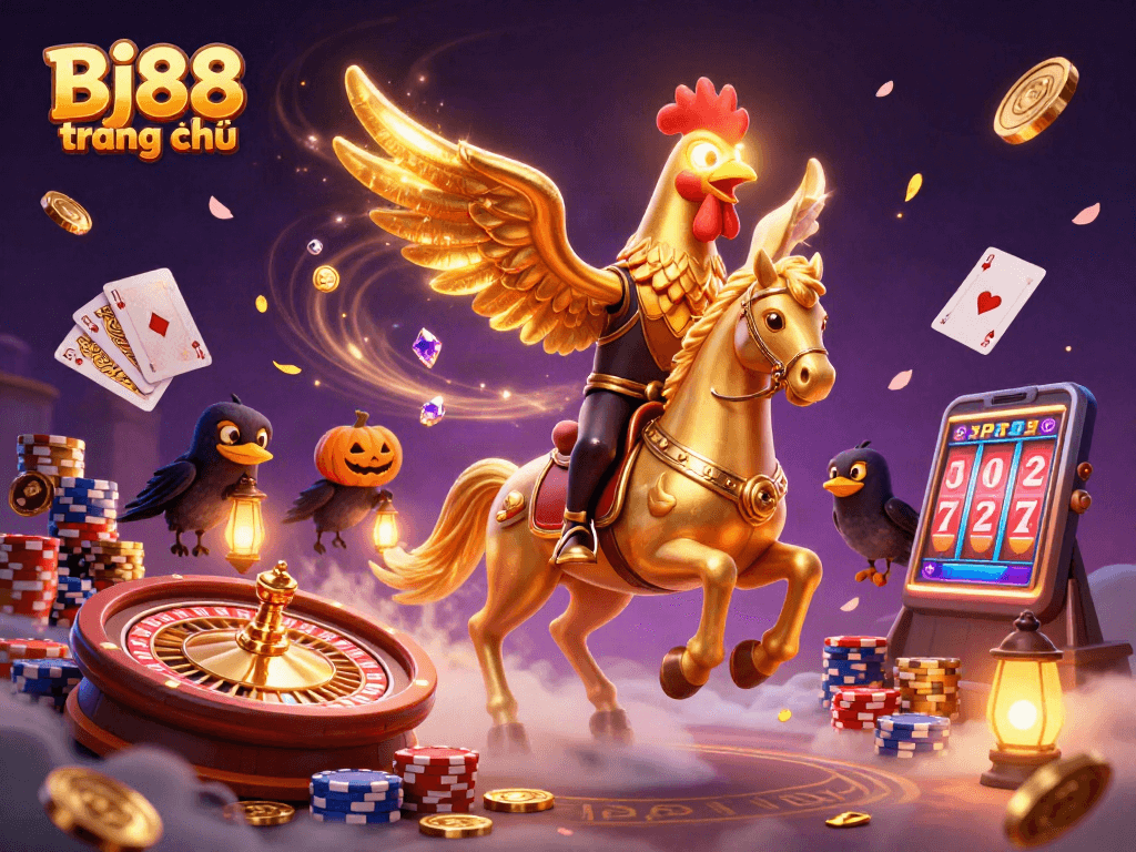 Bj88 trang chủ features a golden rooster, glowing head, and casino elements for an engaging experience