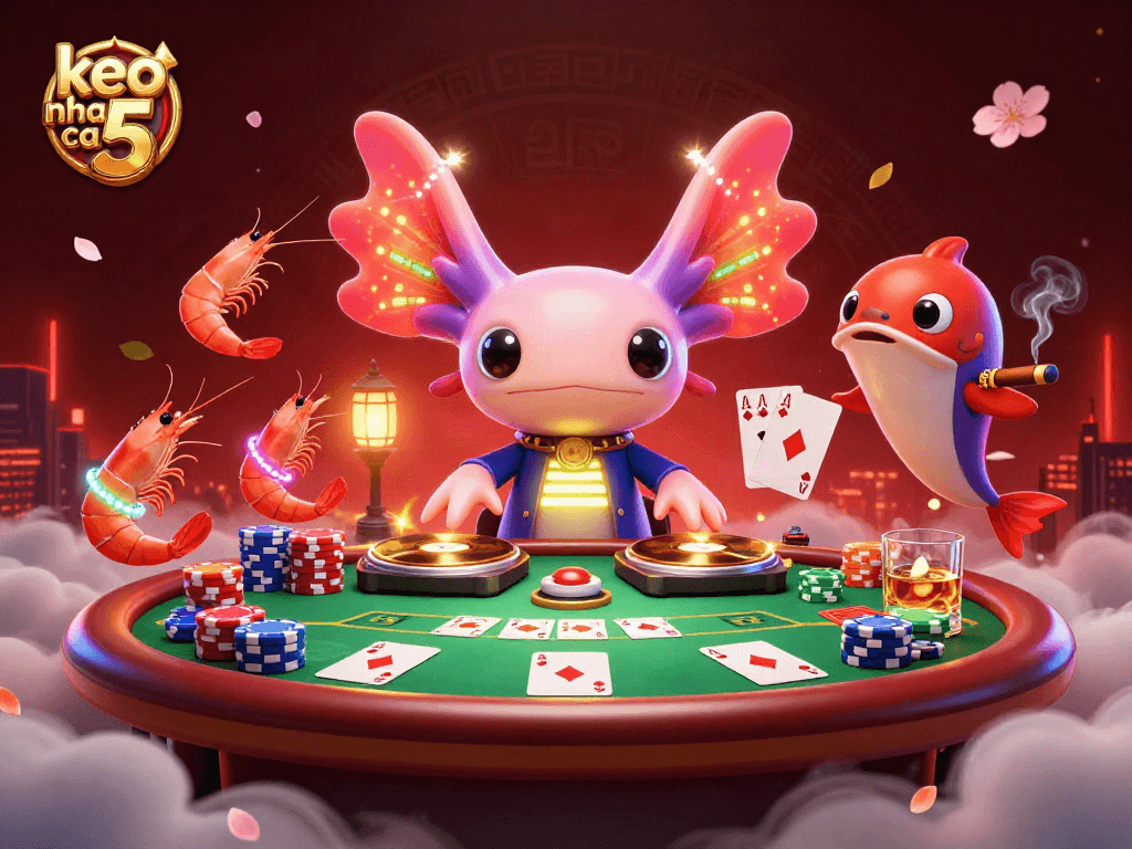 Join the fun in a neon-lit casino scene featuring keo nha cai 5 with a lively axolotl DJ.