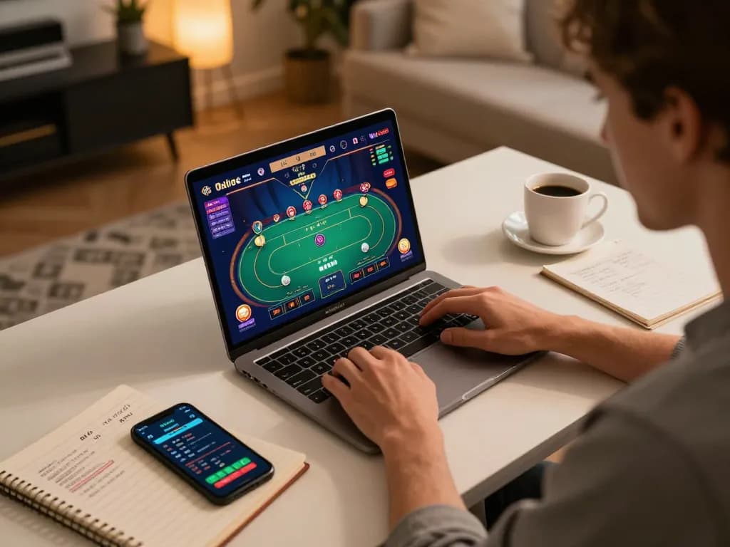 Player engaging in strategic online poker gameplay with MM88 on a modern laptop in a cozy setup.