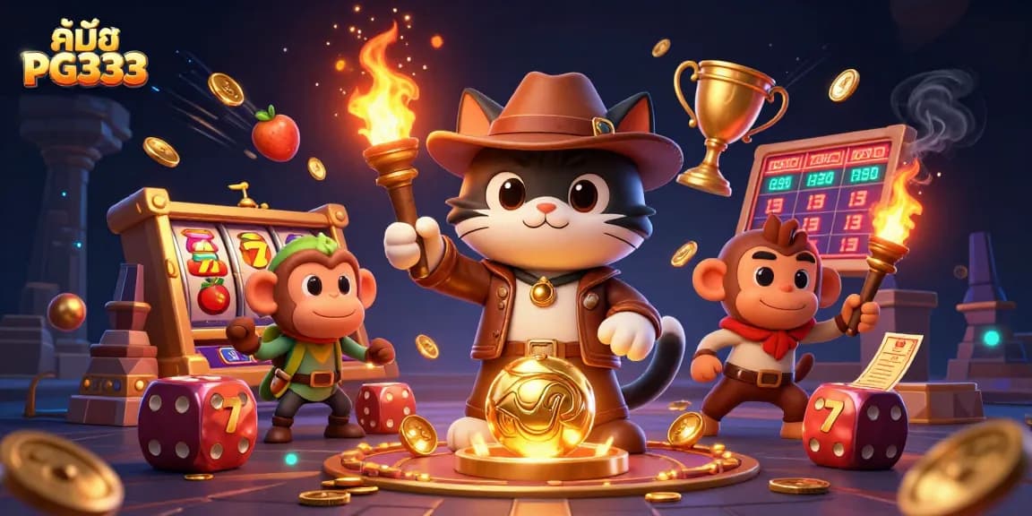 Engage in thrilling gameplay with คู่มือ PG333, featuring a dynamic scene of a cat explorer and monkey companion discovering treasures.