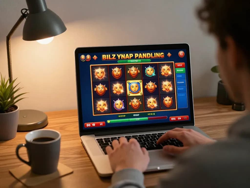 Player enjoying aman788 online slot game on a laptop, highlighting strategic gambling choices and home atmosphere.