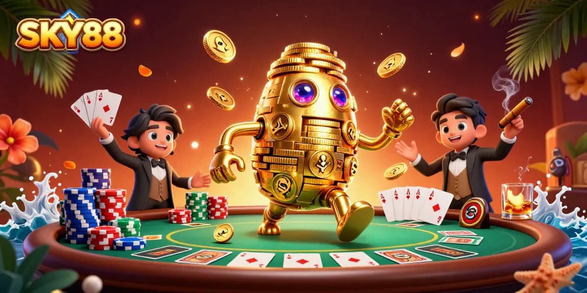 Experience SKY88’s vibrant gaming world with a golden golem surrounded by exciting poker elements.