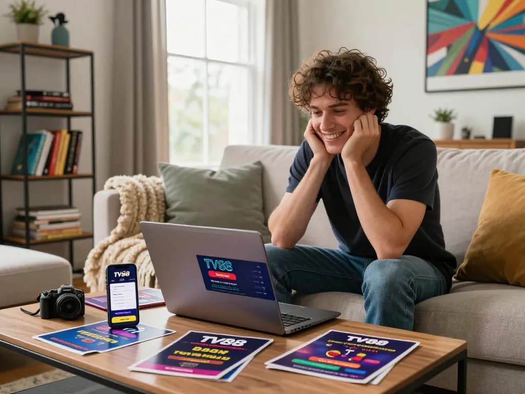 Excited user logging into TV88 bet đăng nhập in a vibrant living room setting with gaming paraphernalia.