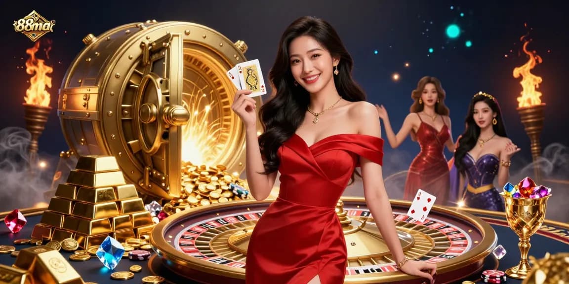Experience luxury with 88ma's stunning casino atmosphere, featuring a beautiful croupier and a golden roulette wheel.