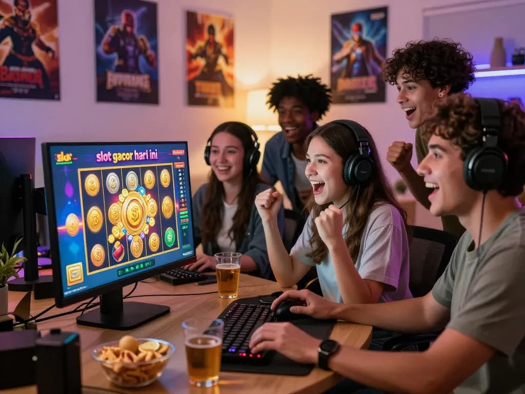 Teman-teman yang bersemangat merayakan kemenangan besar saat bermain slot gacor hari ini secara online, menampilkan grafik permainan yang berwarna-warni dan ruang tamu yang nyaman.