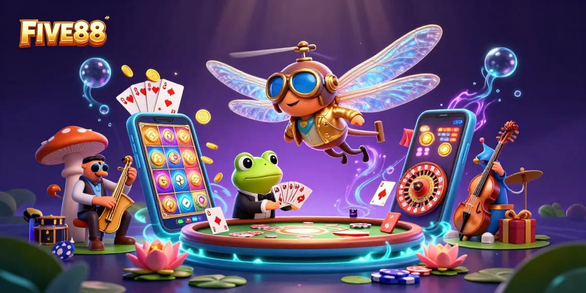 Witness FIVE88's unique casino scene with a vibrant 3D dragonfly pilot, frog croupier, and jazz cricket musicians.