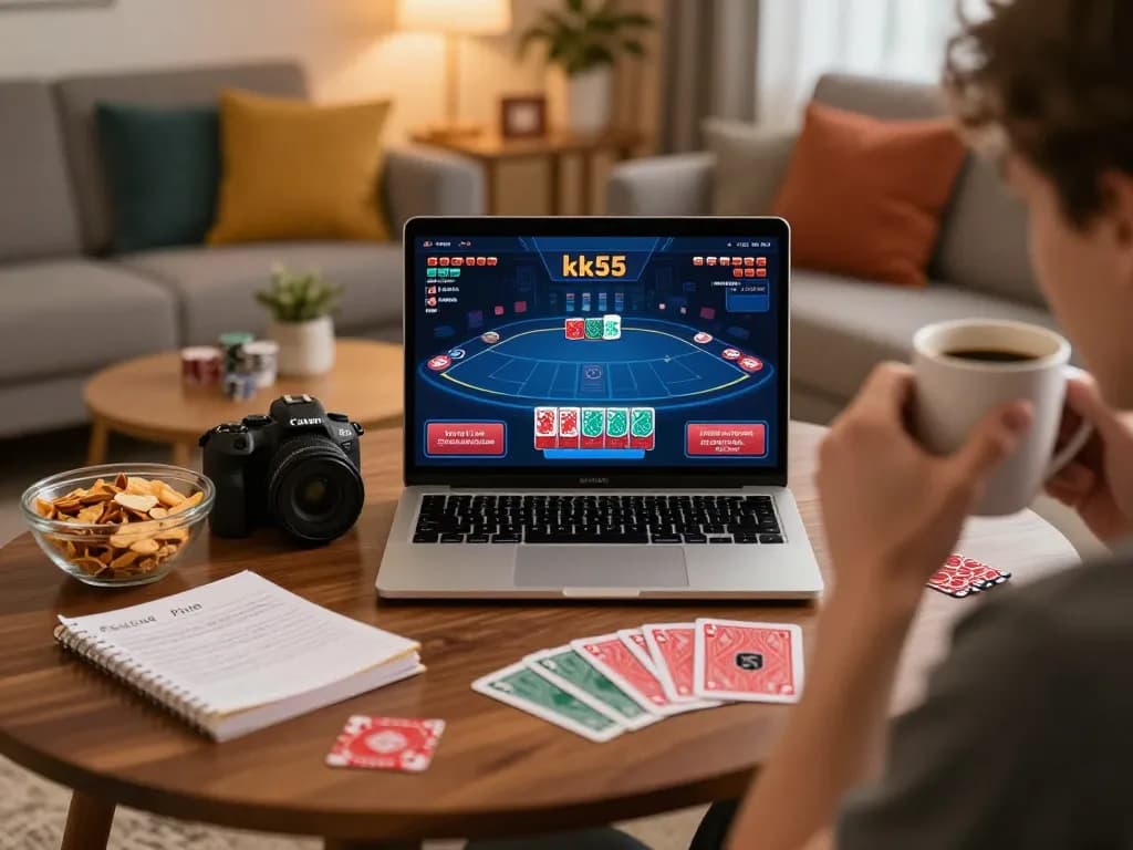 Engaging player participates in a kk55 poker game at home, showcasing strategic gameplay analysis.