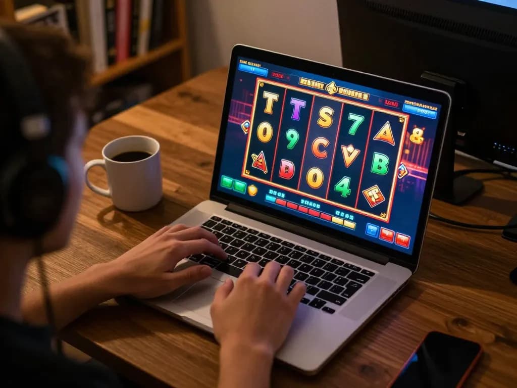 Engaging with 888vi online slots, user celebrates a winning spin at home with modern laptop setup.